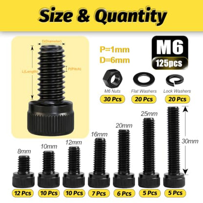 Kadrick M6 Screws Kit 125PCS, Optimized Socket Head Cap Screws Assortment with Higher Screw Ratio, Class 12.9 Alloy Steel, Black Zinc Plated M6 Bolts Nuts & Washers for Mechanical, Repair & DIY Use - size: M6 125Pcs New