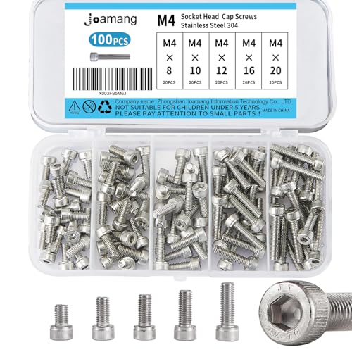 M4 x 8mm 10mm 12mm 16mm 20mm Socket Head Cap Screws Bolts, Stainless Steel 304, Metric Allen Hex Drive, Bright Finish, Fully Threaded, Assortment Kit 100PCS - size: Socket M4x8-20 mm
