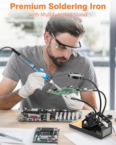 Soldering Iron Kit, 100W High Power LCD Digital Solder Iron Pen, Fast Heating Soldering Tool with Magnifying Glass and Helping Hands, Iron Tips, Solder Wire, Tweezer, Automatic Sleep Mode - color: Blue