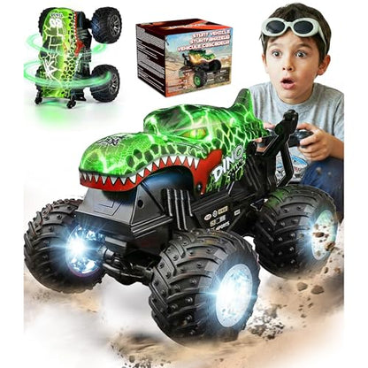 BEZGAR 1:20 Monster Truck Toys, 360°Stunt RC Cars with Music and Light | Green Dinosaur Toys with 2 Batteries and Wireless LED Strobe Lights, Remote Control Car with Glowing wheels for boys - color: Green