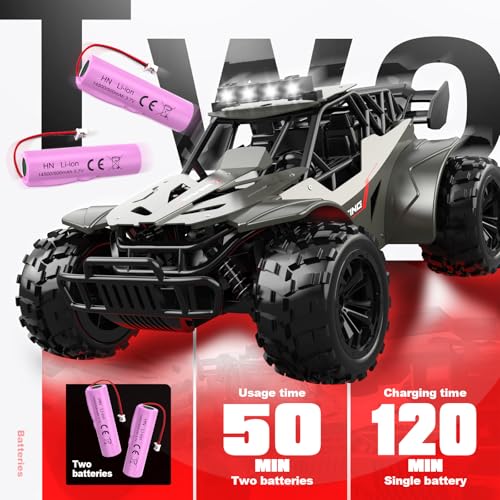 Remote Control Car 2.4GHz Metal Shell Speed 20KM/H Monster RC Truck with LED Headlight RC Car Two Rechargeable Batteries 50 Min Playtime Gifts for Kids 6-12