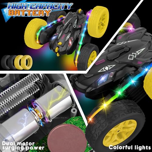 Jimdella Remote Control Car,RC Cars with Sides Light Strip and Headlights,Double Sided 360 Flips Rotating RC Stunt Car,2.4Ghz All Terrain Toys for Ages 4-8 Kids Toy for Boys Birthday Gift(Black)