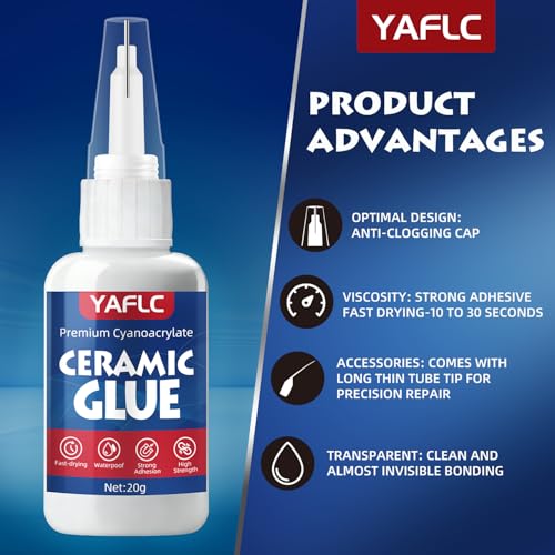 Ceramic Glue Repair Kit, Liquid Super Glue for Ceramic Repair 40g | Clear Instant Cyanoacrylate Adhesives for Food Safe, All Purpose for Shoe Plastic Leather Glass Metal Wood Pottery Porcelain - style: Ceramic Glue