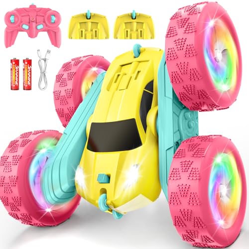 Remote Control Car, RC Cars for Girls, Double-Sided 4WD Stunt Car with RGB Lights & 360° Flips, USB-C Modular Batteries, Toys for Ages 5–7, Birthday Gift for 6+ Year Old Girl, Yellow-Pink - color: Pinkyellow
