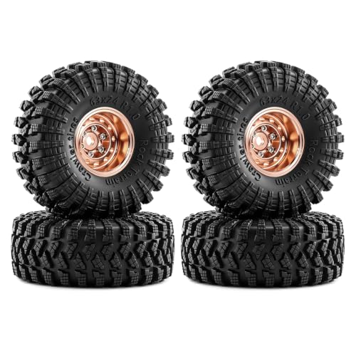 1.0" Beadlock Aluminum Wheels and 63mm Soft Rubber Tires | for SCX24, TRX4M, Ascent 18, FCX24, 1/18 1/24 RC Crawler, 7mm Hex, 0mm Offset, with Foam Inserts, (Bronze) - color: Bronze
