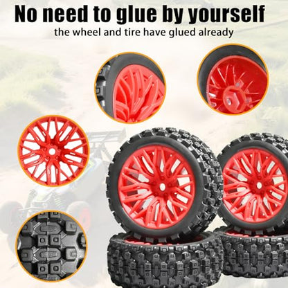 4PCS Pre-Glued RC Crawler Car Rubber Tires and Plastic Wheels Set, 70mm*26mm Tires and Rims with 12mm Hex Fits for ARRMA 1/14 1/16 1/18 Granite/Typhon Grom RC On/Off Road Crawler Truck Car (Red) - color: Red