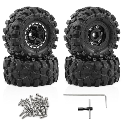 1.0" Beadlock Aluminum Wheels and 57mm Soft Rubber Tires | for SCX24, TRX4M, Ascent 18, FCX24, 1/18 1/24 RC Crawler, 7mm Hex, 0mm Offset, with Foam Inserts, (Black 3) - color: Black 3
