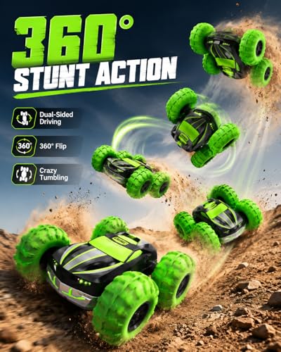 RC Stunt Car for Kids & Dog Chase Fun, 4WD Remote Control Car with Inflatable Bounce Tires, 360° Flips & Spins, Double-Sided Driving, LED Lights, Outdoor Backyard Toy, Gift for Boys Girls