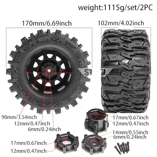 STMU 1/8 RC Truck Tires and 17mm Hex Wheels Rims Rubber Buggy Tyres for 1:8 Scale Off Road Truck Car Kaiju Tmaxx E-Revo 3.3 Arrma Kraton 6S Typhon 3S Traxxas Maxx HPI Redcat (2PC-RC Tires Wheel)