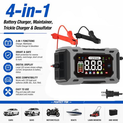 6A 12V Smart Battery Charger Maintainer (Gray) | 6A Smart Charger Maintainer, Pulse Desulfator, Trickle Tender, Overcharge Safe, AGM/GEL/SLA, for Car/Marine/Lawn Mower/ATV - color: Gray