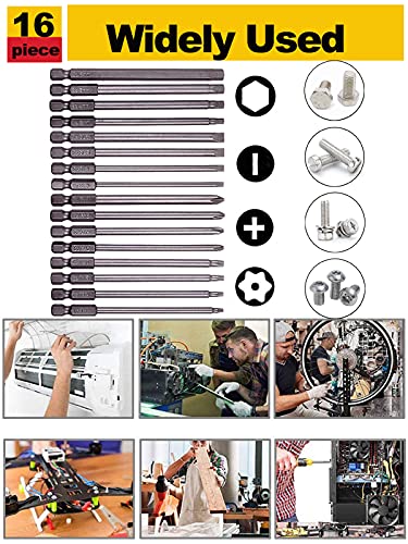 Rocaris 16 Pack 1/4 Inch Hex Shank Long Magnetic Screwdriver Bits Set 4 in Power Tools(Slotted+Cross+Hex+Plum blossom) - size: 16Pcs(Slotted+Cross+Hex+Plum Blossom)
