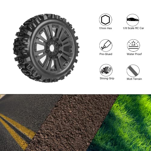 1/8 Scale RC Buggy Tires 17mm Hex RC Wheels and Tires PreGlued 17mm Hex 1/8 RC Buggy Tires and Wheels with Foam Inserts, for Arrma Typhon 6S 3S Talion 6S, Team Losi 8IGHT, HPI 4PCS - color: Black With Rc Wrench