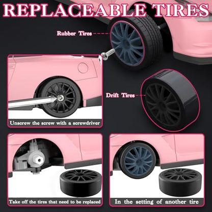 RC Drift Car, 1/24 Pink Remote Control Car for Girls, 2.4GHz 4WD High Speed Drifting RC Cars with LED Light and Drift Tires, Racing Toy Cars for Kids Adults Girl Boys, Pink - color: D.pink