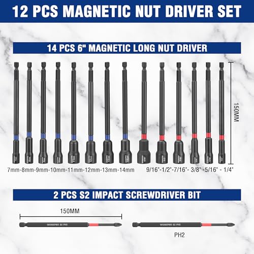 WORKPRO 16 PCS Magnetic Nut Driver Set, 6" Long Nut Drivers & Power Bits | Metric & SAE Nut Drivers for Impact Drill, Long Shank Nut Driver Bits, 1/4"Hex Shank, PH2, with Sturdy Tool Box - size: 16PCS Magnetic Long Nut Driver Set