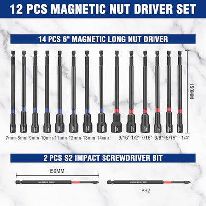 WORKPRO 16 PCS Magnetic Nut Driver Set, 6" Long Nut Drivers & Power Bits | Metric & SAE Nut Drivers for Impact Drill, Long Shank Nut Driver Bits, 1/4"Hex Shank, PH2, with Sturdy Tool Box - size: 16PCS Magnetic Long Nut Driver Set