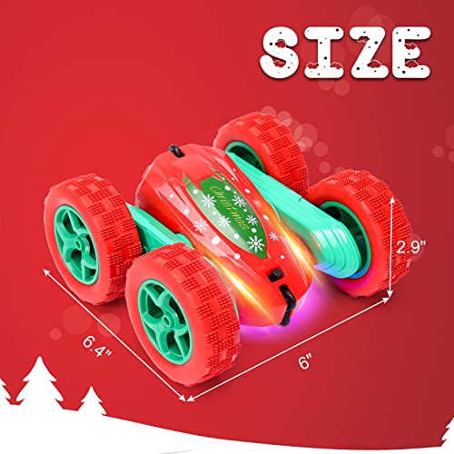 2Pcs Christmas Style RC Stunt Car for Kids,2.4Ghz High Speed Rock Crawler Vehicle,360 Rotating 4WD Off Road Double Sided Rotating Tumbling with 4 Rechargeable Battery，Red+Green
