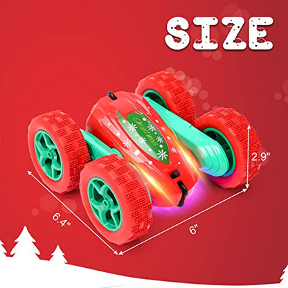2Pcs Christmas Style RC Stunt Car for Kids,2.4Ghz High Speed Rock Crawler Vehicle,360 Rotating 4WD Off Road Double Sided Rotating Tumbling with 4 Rechargeable Battery，Red+Green