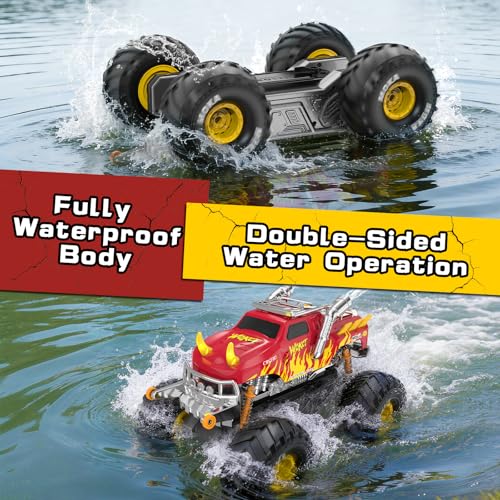 1:16 Waterproof Monster Truck Toys RC Cars Amphibious Remote Control Car Water Blaster Trucks 4WD All Terrain Off-Road Pickup Water Toy for 6-12 Year Old Kids Back-to-School Season - color: Red