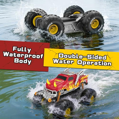 1:16 Waterproof Monster Truck Toys RC Cars Amphibious Remote Control Car Water Blaster Trucks 4WD All Terrain Off-Road Pickup Water Toy for 6-12 Year Old Kids Back-to-School Season - color: Red
