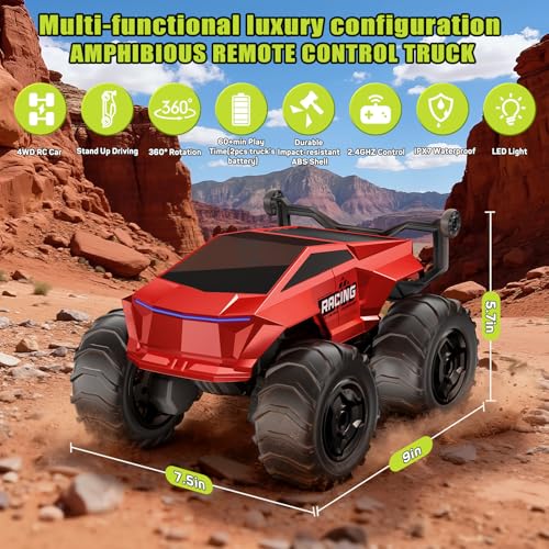 Remote Control Car RC Truck 1:16 Plus, 4WD Waterproof Amphibious RC Car All Terrain Pickup,2.4GHz Remote Monster Truck with 360° Rotating Standing Stunt Toy Car for Kids Boy Girl 4-7 8-12 Ages,Red - color: Red