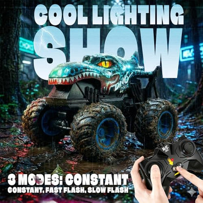 BEZGAR Monster Truck Toys, 1:20 Remote Control Car with Light & Music | Blue Dinosaur Toys for Kids, RC Truck with 360° Spins and Drifting, Toy Car Gifts for Boys, Battery Life of 20 Minutes - color: Blue