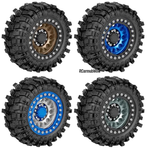 1.9 Beadlock Wheel & Tire Set, 88x36mm Rubber Crawler Tires Aluminum Alloy 1.9 Inch Beadlock Rims Compatible with 1/12 M-J-X H12Y H12Y+ H12P, MN-128 RC Climbing Car,Silver w/Navy Blue - color: Silver W/Navy Blue