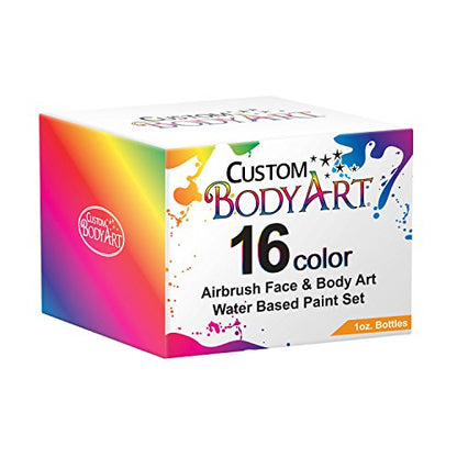 Custom Body Art Set of 16 Colors 1-oz Bottles of Water Based Face-Body Airbrush Colors - color: 16 Color Kit