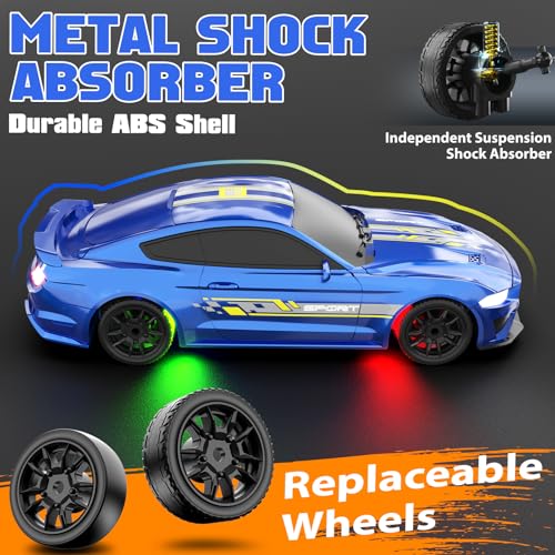 1/43 RC Drift Car, Mini Drifting RC Car with Gyro 2.4GHz Full Proportional Drift Cars 4WD RTR Remote Control Cars with Colorful Lights High Speed Fast Racing Vehicle Gift for Kids Boys Adults - color: Blue