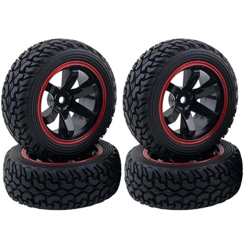 4PCS 75mm Rubber Tires and 6Spokes Plastic Wheel Rims Tyre for 1/10 RC On-Road Drift Racing Car 1:14 1:16 Rally Car for Tamiya Kyosho HPI HSP TT02 Upgrades Parts (Black Red) - color: Black Red