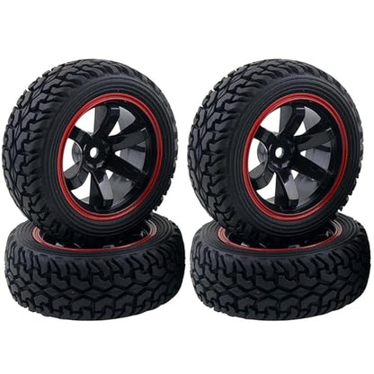 4PCS 75mm Rubber Tires and 6Spokes Plastic Wheel Rims Tyre for 1/10 RC On-Road Drift Racing Car 1:14 1:16 Rally Car for Tamiya Kyosho HPI HSP TT02 Upgrades Parts (Black Red) - color: Black Red