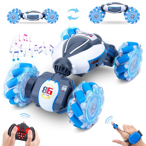 Gesture Sensing RC Stunt Car - Boys Toys Age 6-12, 360° Rotating 4WD Hand Controlled Remote Control Twist Car with Light & Music, Cool Birthday Presents and Ideas Gifts for Kids Age 7 9 10 11 12 yr - color: Blue
