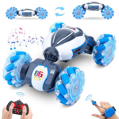 Gesture Sensing RC Stunt Car - Boys Toys Age 6-12, 360° Rotating 4WD Hand Controlled Remote Control Twist Car with Light & Music, Cool Birthday Presents and Ideas Gifts for Kids Age 7 9 10 11 12 yr - color: Blue