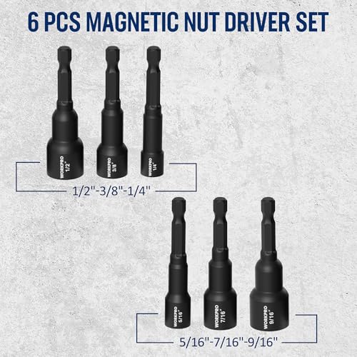 WORKPRO 6 PCS Magnetic Nut Driver Set, 1/4" Hex Shank, CR-V Steel, SAE | Drill Socket Set, Impact Driver Bit Set, 1/4" to 9/16" - size: 6PCS Magnetic Nut Driver Set