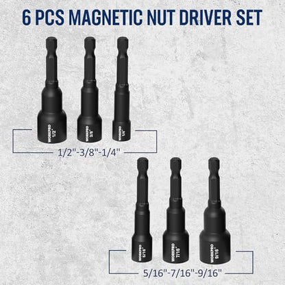 WORKPRO 6 PCS Magnetic Nut Driver Set, 1/4" Hex Shank, CR-V Steel, SAE | Drill Socket Set, Impact Driver Bit Set, 1/4" to 9/16" - size: 6PCS Magnetic Nut Driver Set