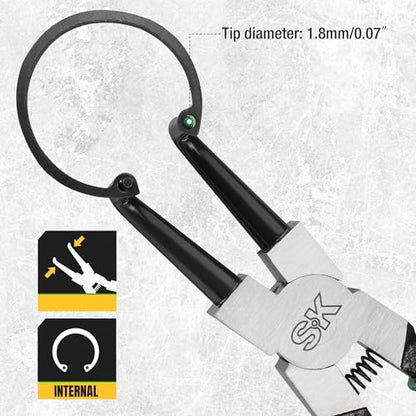 SK 7-Inch Snap Ring Pliers, Internal Circlip Pliers with 90-Degree Bent Jaw | Tip Diameter 0.07'', Premium CR-V Steel, Polished & Black Finished Tip, Spring-Loaded, Anti-Slip Grip - style: Internal Bent
