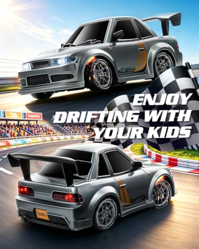 RC Drift Car, 1/24 Remote Control Drift Car for Adults Kids, 4WD 20KM/H High Speed RC Sports Cars with LED Lights, Extra Racing Tires, Vehicle for Boys Beginners Indoor Outdoor, Silver Grey