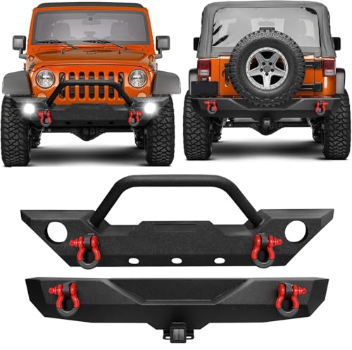 Front Bumper +Rear Bumper for 2007-2018 Wrangler JK,Hitch and D-rings | Offroad Steel Bumper Full Width with 2" Hitch Receiver and D-rings Compatible with Jeep Wrangler JK - size: 2007-2018 JK Front and Rear Bumper