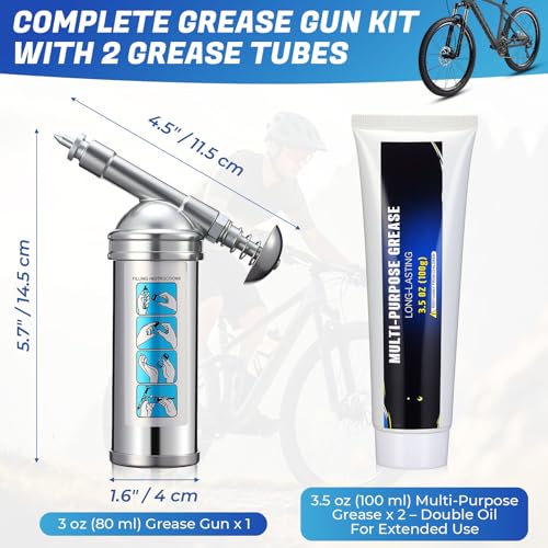 Mini Grease Gun Kit with 2 Tubes, 3 oz Steel Small Grease Gun for Bicycle Bike Chains Bearings Pedals, Lawn Mower, Air Tools and Garden Equipment