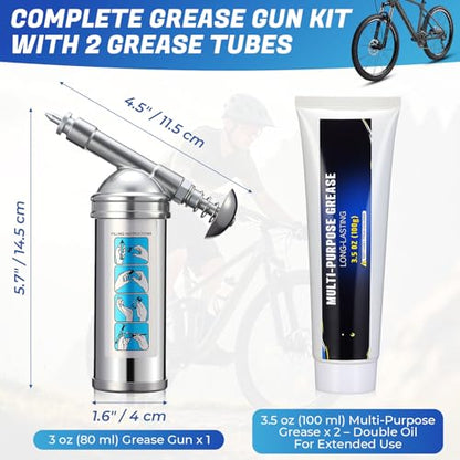 Mini Grease Gun Kit with 2 Tubes, 3 oz Steel Small Grease Gun for Bicycle Bike Chains Bearings Pedals, Lawn Mower, Air Tools and Garden Equipment