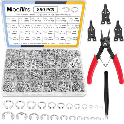 850Pcs C clip External Retaining Rings Snap Rings Assortment(M3-M14) and E clip Assortment Set(M1.2-M10),5Pcs Snap Ring Plier,Tweezer,24 Sizes 304 Stainless Steel Circlip Retaining Clip - size: Stainless Steel 850PCS
