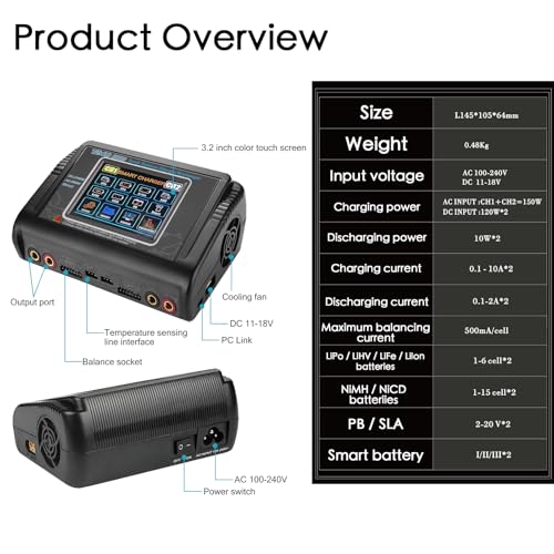 T240 Battery Charger Discharger for LiPo/LiHV/Life/NiMH/NiCd, 3.2’’ Large Touchscreen & Dual Port Available, AC/DC Input & 0.1-10A Adjustable Current