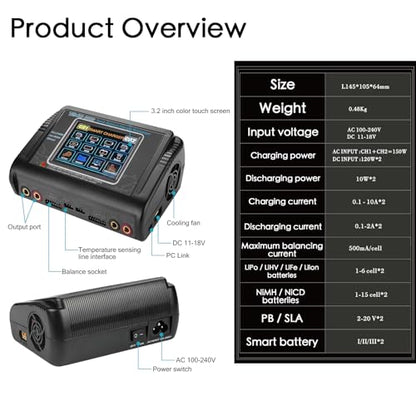 T240 Battery Charger Discharger for LiPo/LiHV/Life/NiMH/NiCd, 3.2’’ Large Touchscreen & Dual Port Available, AC/DC Input & 0.1-10A Adjustable Current