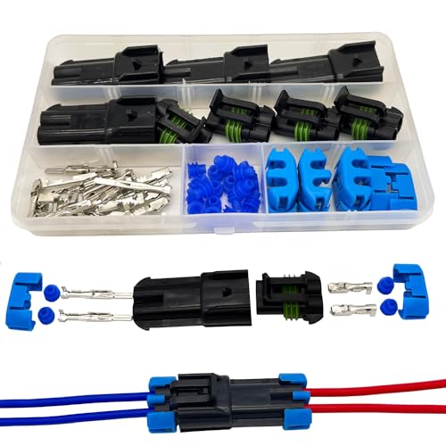 14-12 AWG 2 Pin Connector Waterproof Weather Pack Wire Connectors Kit(4set) | Twippo 2 Wire WeatherPack Male Female Automotive Electrical Wire Connectors Quick Connect and Disconnect Plug 14-12 Gauge - size: 2pin/4kit/14-12AWG