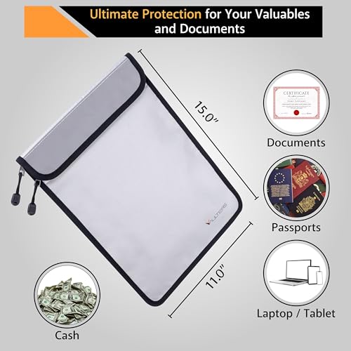 Upgraded Two Pockets Fireproof Document Bag (2000℉), 15”x 11” Fire Proof Bag for Documents with Zipper, Waterproof Document Pouch for Valuables, Legal Documents Safe Storage (Grey) - color: Grey