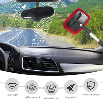 Car Windshield Cleaner Tool, Detachable Car Window Cleaner with Aluminum Extendable Handle & 2 Reusable Cloth Pads, Washable Vehicle Windshield Cleaning Wand for Exterior (Red) - color: Red