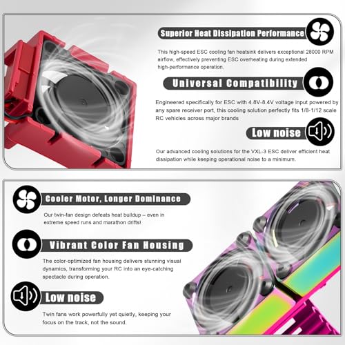 VXL-3s ESC Cooling Fan and Motor Cooling Fan 28000 RPM Dual Fan Set for 1/10 Traxxas Slash 4x4 Stampede 4x4 Rustler 4x4 VXL Hoss 4×4 Velineon VXL 3s Heat Sink Replace #3340, Purple & Red - style: SRQ-Purple Red