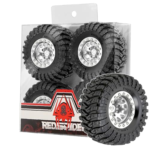 REDSPIDER•1.3 Beadlock Wheels and Tires OD 2.75'' Hex 7mm (4PCS) for 1/18 1/24 TRX4M SCX24 AX24 FCX18 FCX24 RC Crawler Car (Silvery)