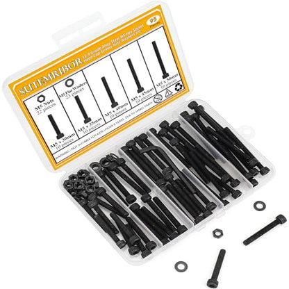 M5 Black Screws, Nuts & Washers Set - 95 Pieces, 12.9 Grade Alloy Steel, Fully Threaded, 30/35/40/45/50mm Hex Socket Head Cap Screws - size: M5 x 30-50mm, style: Socket Head