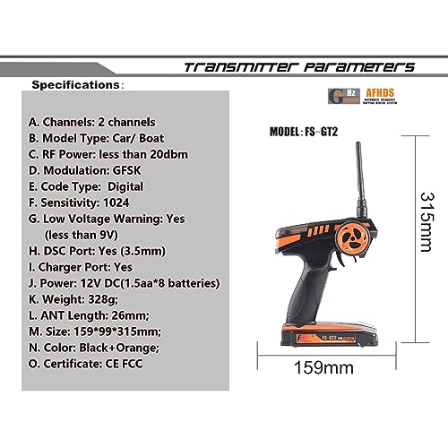 GoolRC Flysky FS-GT2 RC Transmitter with FS-GR3E Receiver, 2.4GHz 2 Channels Radio Controller and 3 Channels Receiver for RC Car Boat