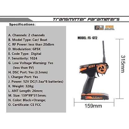 GoolRC Flysky FS-GT2 RC Transmitter with FS-GR3E Receiver, 2.4GHz 2 Channels Radio Controller and 3 Channels Receiver for RC Car Boat